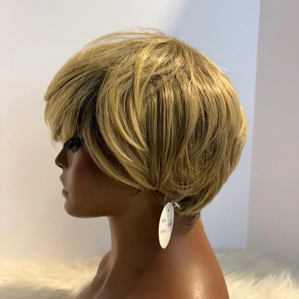 Womens Blonde Short Pixie Cut Bob Wig Side Swept Bangs Layered Hairpiece